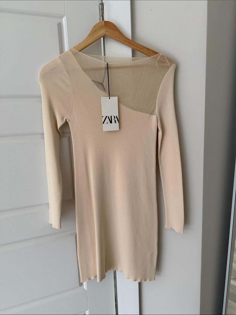 ZARA Beige/Cream Long-Sleeve Knit Dress with Sheer Yoke size S